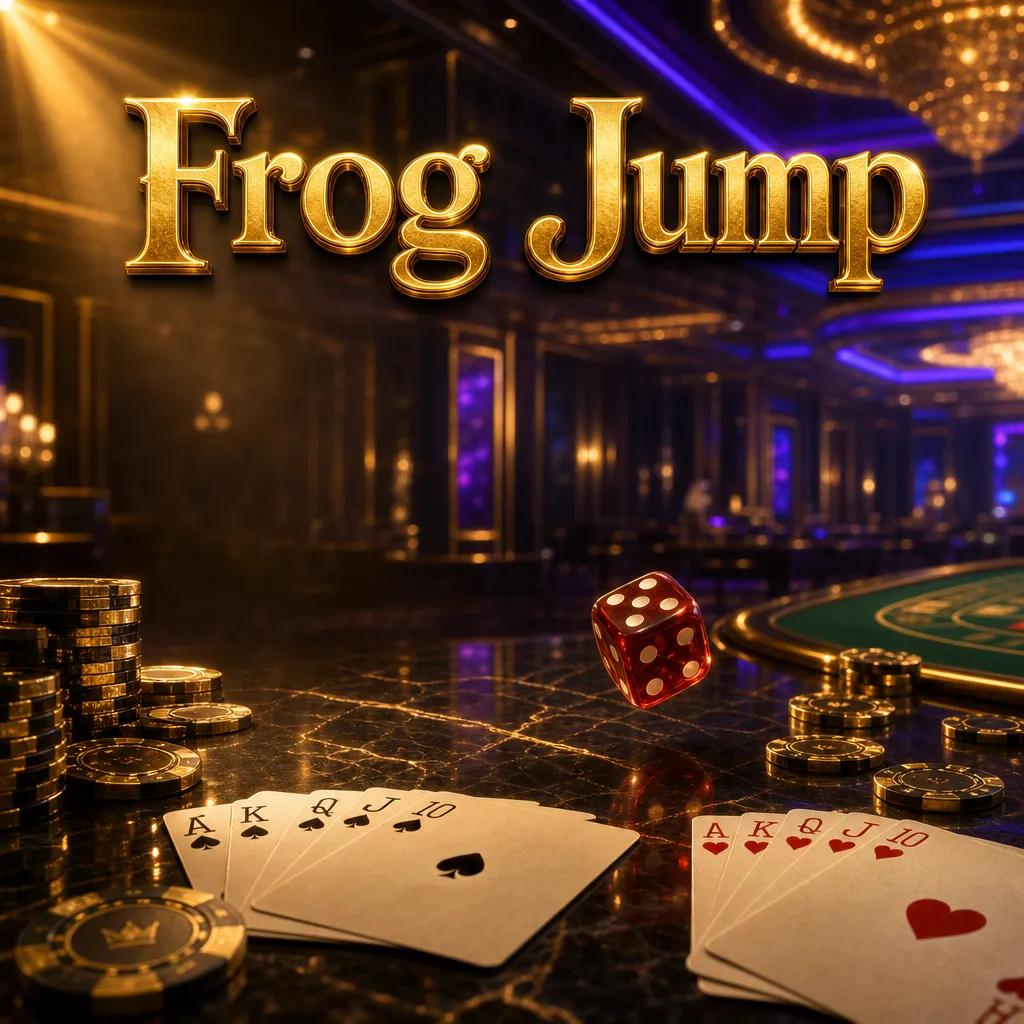 Frog Jump casino hero banner with gold chips, playing cards, and dice on dark marble under cinematic casino lighting