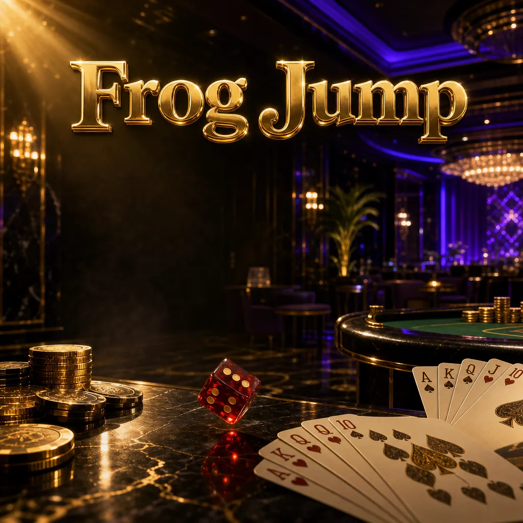 Frog Jump casino hero banner with gold chips, playing cards, dice on dark marble under cinematic golden and blue lighting