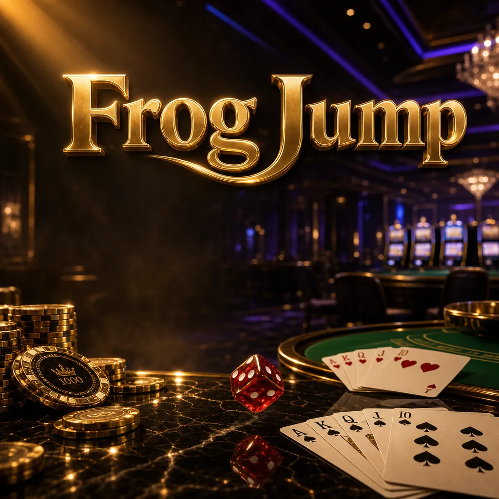Frog Jump casino hero banner with gold chips, playing cards, and cinematic casino floor lighting