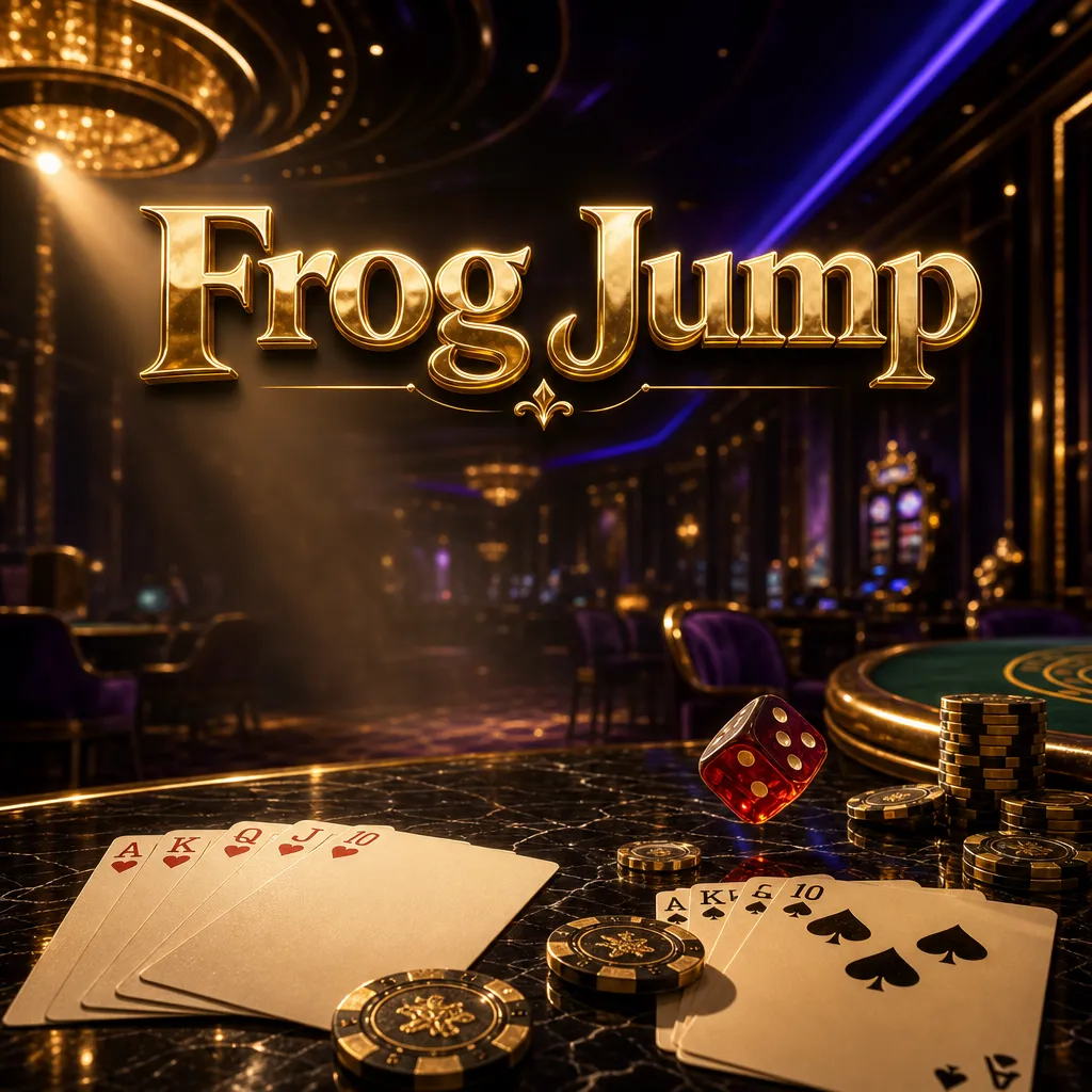 Frog Jump online casino hero banner with gold chips, playing cards, and cinematic casino floor lighting